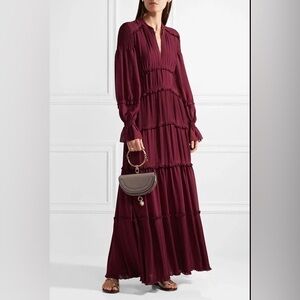 NWT $798 Tory Burch Stella Gown Red Burgundy Boho Pleated Chiffon Maxi Dress